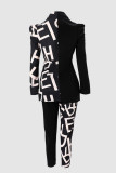 Black Casual Print Solid Patchwork Turn-back Collar Long Sleeve Two Pieces