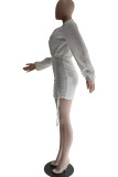 White Sexy Casual Solid Patchwork Draw String Frenulum V Neck Long Sleeve Dresses