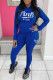 Blue Casual Print Patchwork Hooded Collar Long Sleeve Two Pieces