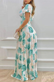 Blue Casual Print Patchwork V Neck Short Sleeve Dress