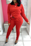 Red Casual Solid Patchwork O Neck Long Sleeve Two Pieces