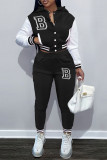 Red Casual Letter Embroidery Patchwork Hooded Collar Long Sleeve Two Pieces