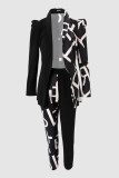 Black Casual Print Solid Patchwork Turn-back Collar Long Sleeve Two Pieces
