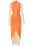 Orange Sexy Solid Tassel Half A Turtleneck Sleeveless Two Pieces