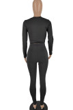 Black Sexy Solid Patchwork Fold O Neck Long Sleeve Two Pieces