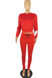 Red Casual Solid Patchwork O Neck Long Sleeve Two Pieces
