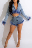 Sky Blue Sexy Solid Patchwork Feathers Turn-back Collar Long Sleeve Two Pieces