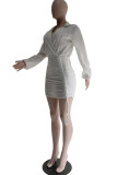 White Sexy Casual Solid Patchwork Draw String Frenulum V Neck Long Sleeve Dresses