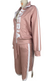 Pink Casual Sportswear Print Patchwork Zipper Collar Long Sleeve Two Pieces