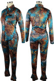 Blue Sexy Print Patchwork Buckle Turndown Collar Long Sleeve Two Pieces