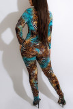 Blue Sexy Print Patchwork Buckle Turndown Collar Long Sleeve Two Pieces