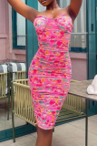 Pink Sexy Print Patchwork Strapless Pencil Skirt Dresses