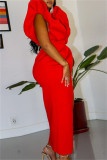 Red Sexy Formal Solid Patchwork Slit V Neck One Step Skirt Dresses