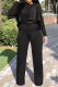 Black Street Solid Flounce O Neck Long Sleeve Two Pieces