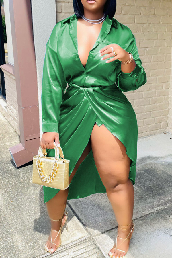 Green Casual Solid Patchwork Slit Asymmetrical Turndown Collar Shirt Dress Dresses