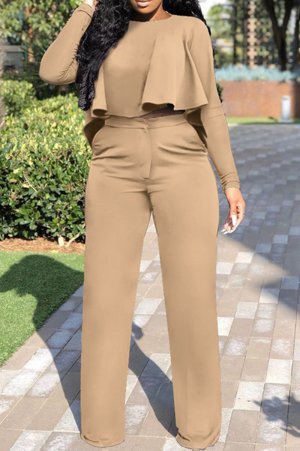 Khaki Street Solid Flounce O Neck Long Sleeve Two Pieces