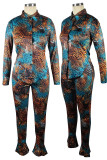 Blue Sexy Print Patchwork Buckle Turndown Collar Long Sleeve Two Pieces