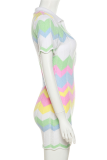 Colour Sexy Striped Patchwork Turndown Collar Skinny Rompers