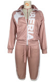 Pink Casual Sportswear Print Patchwork Zipper Collar Long Sleeve Two Pieces