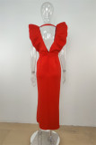 Red Sexy Formal Solid Patchwork Slit V Neck One Step Skirt Dresses