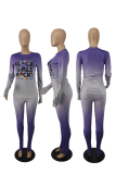 Purple Casual Gradual Change Letter O Neck Long Sleeve Two Pieces