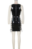 Orange Sexy Solid Bandage Hollowed Out Patchwork Asymmetrical Asymmetrical Collar Pencil Skirt Dresses