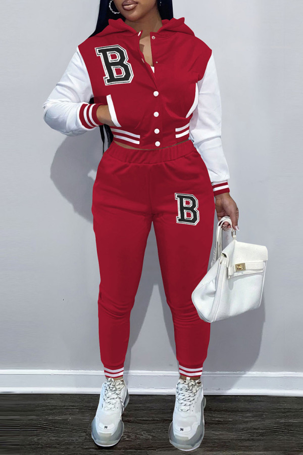 Red Casual Letter Embroidery Patchwork Hooded Collar Long Sleeve Two Pieces