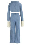Light Blue Sexy Solid Tassel Patchwork Buttons Asymmetrical V Neck Long Sleeve Two Pieces(Contain The Scarf)