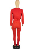 Red Casual Solid Patchwork O Neck Long Sleeve Two Pieces