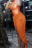 Orange Sexy Solid Tassel Half A Turtleneck Sleeveless Two Pieces