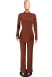 Wine Red Casual Solid Slit O Neck Long Sleeve Two Pieces