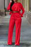 Red Street Solid Flounce O Neck Long Sleeve Two Pieces