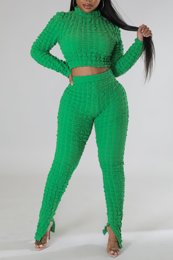 Green Casual Street Solid Patchwork Turtleneck Long Sleeve Two Pieces