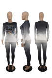 Black Casual Gradual Change Letter O Neck Long Sleeve Two Pieces
