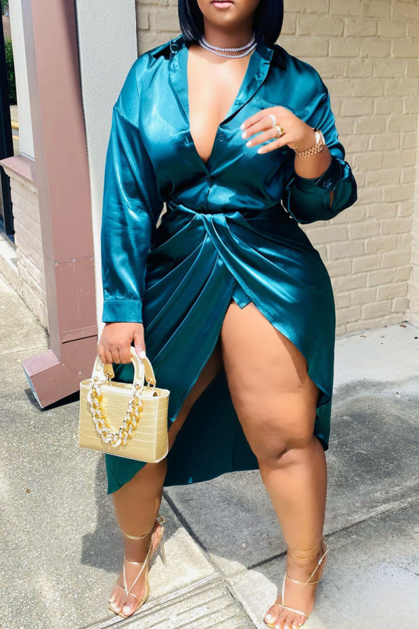 Blue Casual Solid Patchwork Slit Asymmetrical Turndown Collar Shirt Dress Dresses