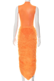 Orange Sexy Solid Tassel Half A Turtleneck Sleeveless Two Pieces