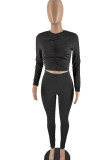 Black Sexy Solid Patchwork Fold O Neck Long Sleeve Two Pieces