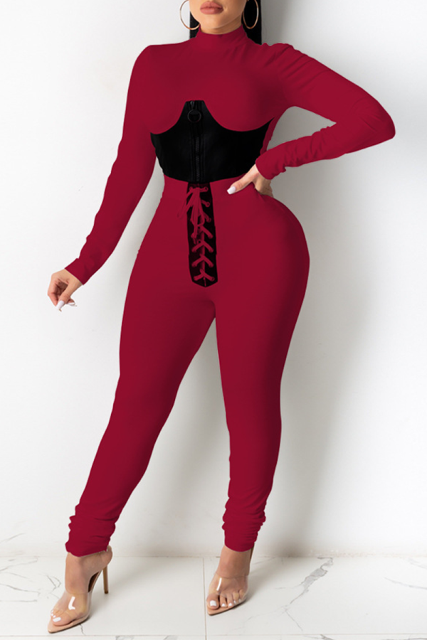 Red Sexy Solid Patchwork Half A Turtleneck Long Sleeve Two Pieces