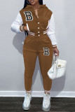 Red Casual Letter Embroidery Patchwork Hooded Collar Long Sleeve Two Pieces