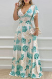 Blue Casual Print Patchwork V Neck Short Sleeve Dress