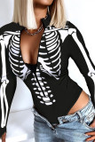 Black Casual Print Patchwork Zipper Collar Skinny Romper