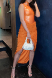 Orange Sexy Solid Tassel Half A Turtleneck Sleeveless Two Pieces