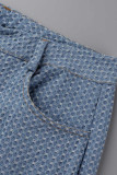 Light Blue Sexy Solid Tassel Patchwork Buttons Asymmetrical V Neck Long Sleeve Two Pieces(Contain The Scarf)