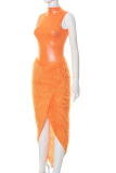 Orange Sexy Solid Tassel Half A Turtleneck Sleeveless Two Pieces