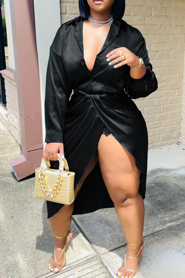Black Casual Solid Patchwork Slit Asymmetrical Turndown Collar Shirt Dress Dresses