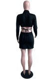 Black Casual Solid Bandage Hollowed Out Turn-back Collar Long Sleeve Dresses