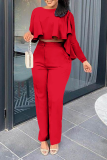 Red Street Solid Flounce O Neck Long Sleeve Two Pieces
