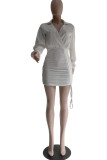 White Sexy Casual Solid Patchwork Draw String Frenulum V Neck Long Sleeve Dresses