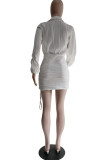 White Sexy Casual Solid Patchwork Draw String Frenulum V Neck Long Sleeve Dresses
