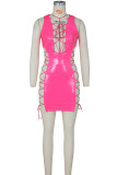 Orange Sexy Solid Bandage Hollowed Out Patchwork Asymmetrical Asymmetrical Collar Pencil Skirt Dresses